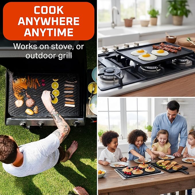 Bruntmor 2-in-1 Reversible Grill Plate - Pre-Seasoned Cast Iron Griddle Pan for Gas Stovetop, Oven, or Open Fire - 17x10-Inch Rectangular Double Sided Flat Pan for Camping, Roasting, and Grilling