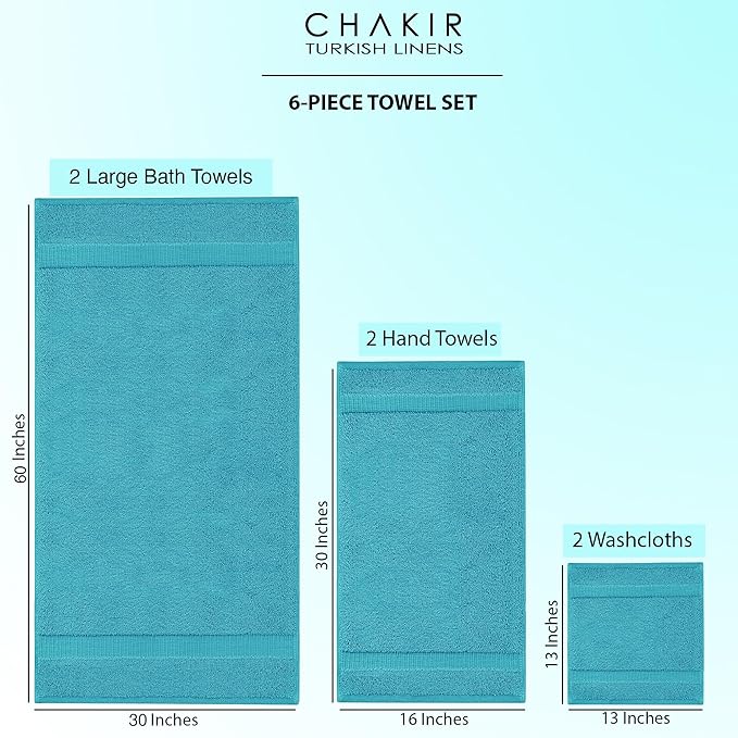 Chakir Turkish Linens 100% Cotton Premium Turkish Towels for Bathroom, 2 Large Bath Towels, 2 Hand Towels, 2 Washcloths (6-Piece Towel Set, Aqua)