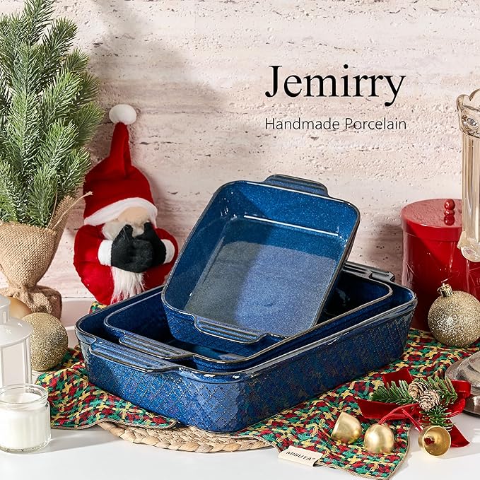 Ceramic Baking Dish Set of 3, Casserole Dishes for Oven, Square Porcelain Bakeware Set with Handles, Lasagna Baking Pan for Cooking, Perfect for Baking and Serving, Housewarming, Halloween, Thanksgiving, Christmas, New Year- Blue