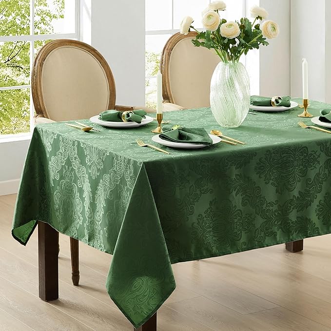Newbridge Christmas Barcelona Damask Fabric Tablecloth, 52 x 70 Inch Rectangle, Hunter Green – No Iron, Soil Resistant Table Cover for Dining, Parties and Holidays