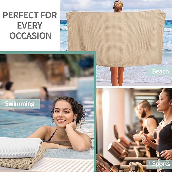 New Microfiber Waffle Bath Towels, 2 Pieces, Oversized, Soft, Absorbent, Fast Drying, Lint Free (Beige+White)