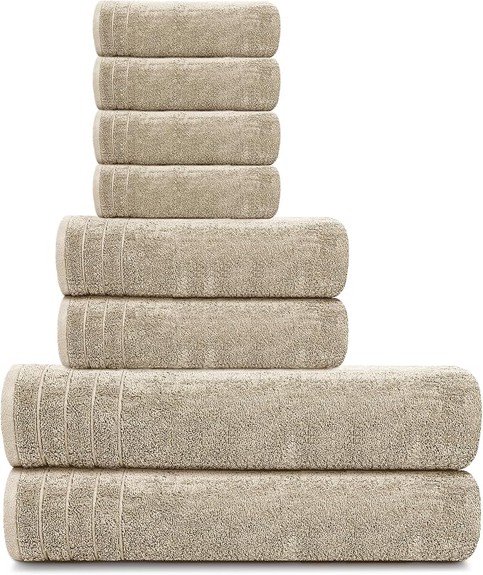 Tens Towels Pack of 8 Towels Set, 2 Extra Large Bath, 2 Hand, 4 Washcloths, 100% Cotton, Lighter Weight, Quicker to Dry, Super Absorbent, Perfect for Bathroom, Beige