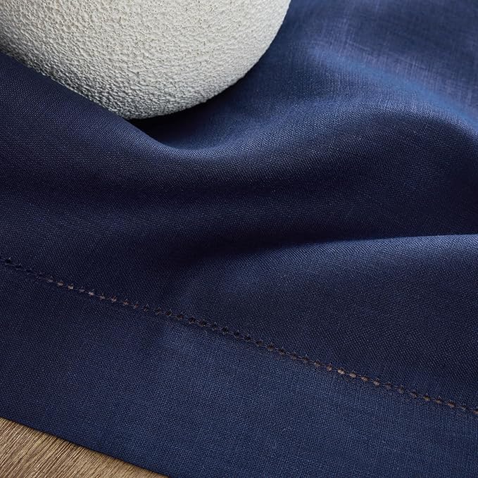 Solino Home Navy Blue Linen Tablecloth 52 x 52 Inch - 100% Pure Linen Square Table Throw - Classic Hemstitch, Machine Washable Table Cloth for Holiday, Winter, New Year