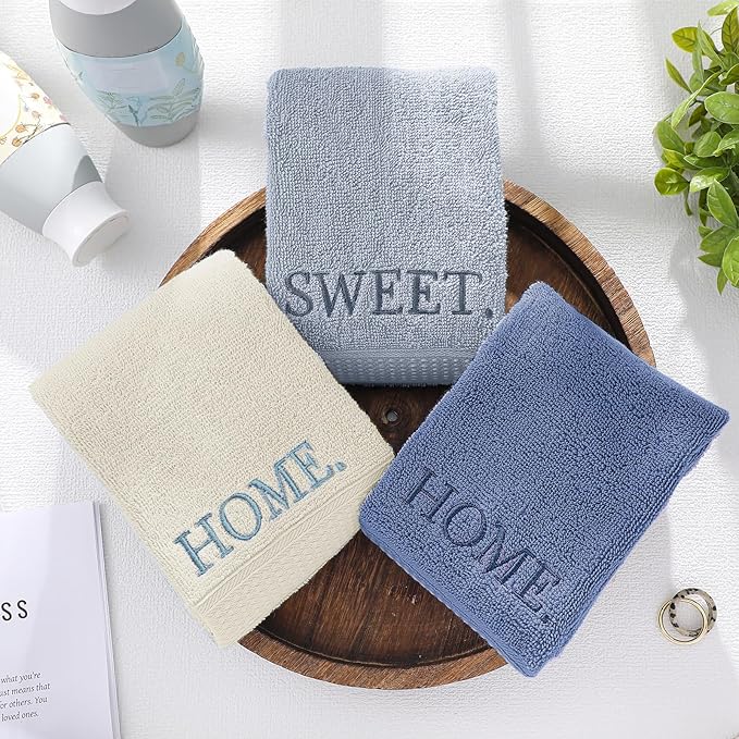3 Pcs Home Sweet Home Hand Towels Farmhouse Decorative Embroidered Bathroom Hand Towels Rustic 100% Cotton Blue Set for Boho Bathroom Kitchen Decor
