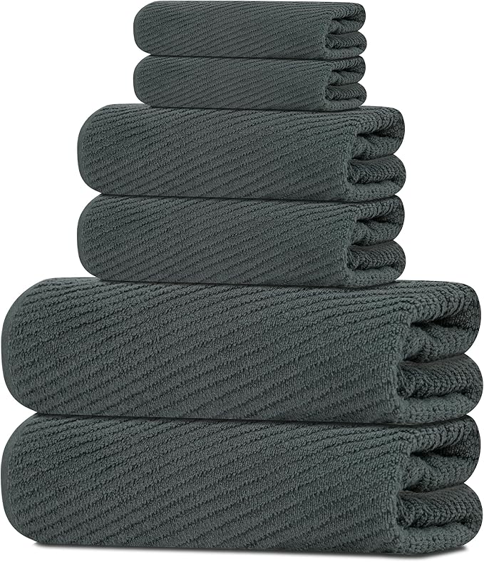 Tens Towels Pack of 6 Zero Twist Towels Set, 2 Bath, 2 Hand, 2 Waschloths, 100% Cotton, Light Weight, Extra Absorbent, Exceptional Softness, Perfect for Bathroom (Dark Grey)