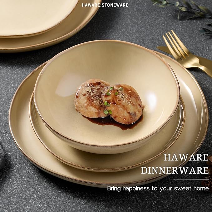 HaWare Plates and Bowls Set, Stoneware Dinnerware Sets, 24-Piece Hand-painted Dishware for 6, Ceramic Dish Set for Home Kitchen, Scratch Resistant, Microwave and Dishwasher Safe, Reactive Sandy Khaki