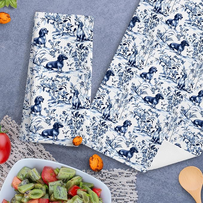 Chinoiserie Dachshund Kitchen Towels, Blue and White Floral Botanical Dachshund Decorative Dish Tea Towels Set of 2, Grandmillennial Weiner Dog Hand Towels for Kitchen Bathroom, 16x24 Inch