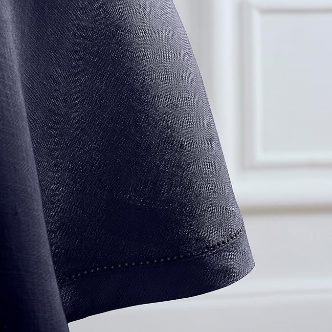 Solino Home Linen 60 Inch Round Tablecloth - 100% Pure Linen Indigo Navy Round Tablecloth - Machine Washable Table Cloth for Winter - Sonoma Hemstitch