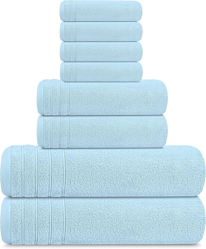 Tens Towels Pack of 8 Towels Set, 2 Extra Large Bath, 2 Hand, 4 Washcloths, 100% Cotton, Lighter Weight, Quicker to Dry, Super Absorbent, Perfect for Bathroom, Sky Blue