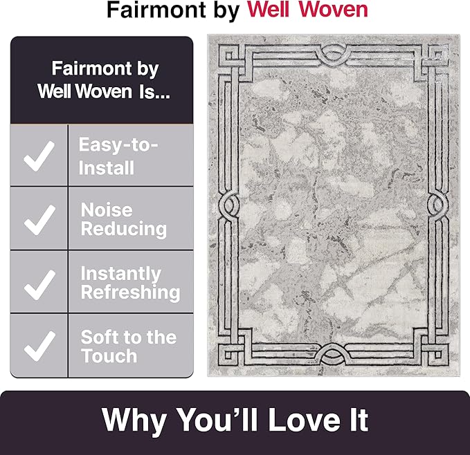 Well Woven Fairmont Collection Huntington Grey Marble Border Elegant & Soft 5x7 Area Rug Perfect for Bedroom & Living Room Durable Stain Resistant & Easy to Clean