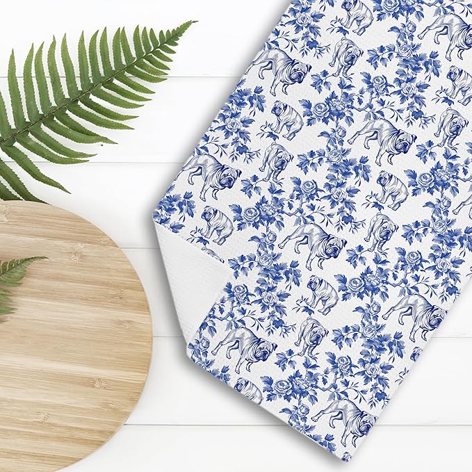 Chinoiserie Pug Kitchen Towels, Blue and White Floral Botanical Grandmillennial Dog Decor Dish Tea Towels, Pug Gifts Hand Towels for Kitchen Bathroom, 16x24 Inch