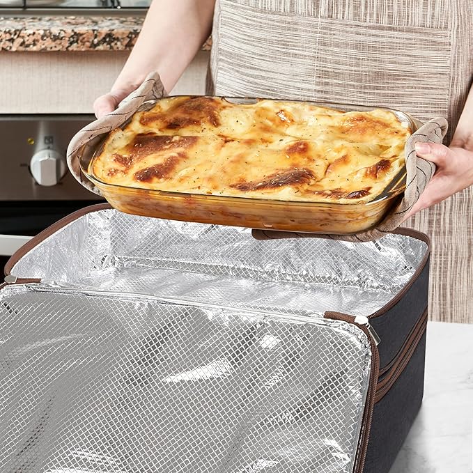 LHZK Double Decker Insulated Casserole Carrier for Hot or Cold Food, Expandable Hot Food Carrier, Lasagna Holder Tote for Potluck Parties, Picnic, Beach, Fits 11 x 15 or 9 x 13 Baking Dish (Black)