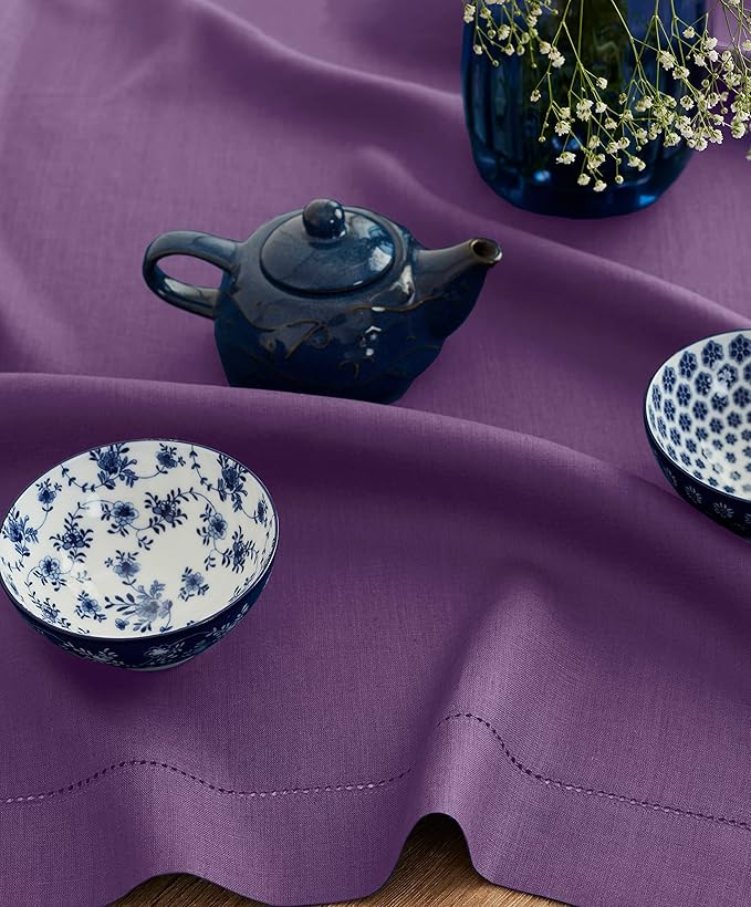 Solino Home Square Linen Tablecloth 52 x 52 Inch - 100% Pure Linen Purple Table Throw - Classic Hemstitch, Machine Washable Table Cloth for Valentines, New Year