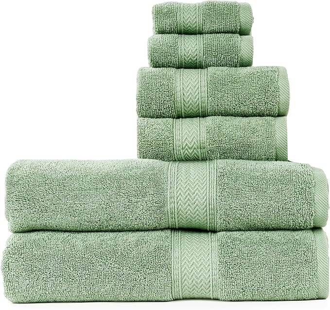 HILLFAIR Premium 600 GSM 6 Piece Towel Set- 2 Bath Towels, 2 Hand Towels & 2 Washcloths, Machine Washable, Hotel Quality, Super Soft & Highly Absorbent Cotton Towel: Sage