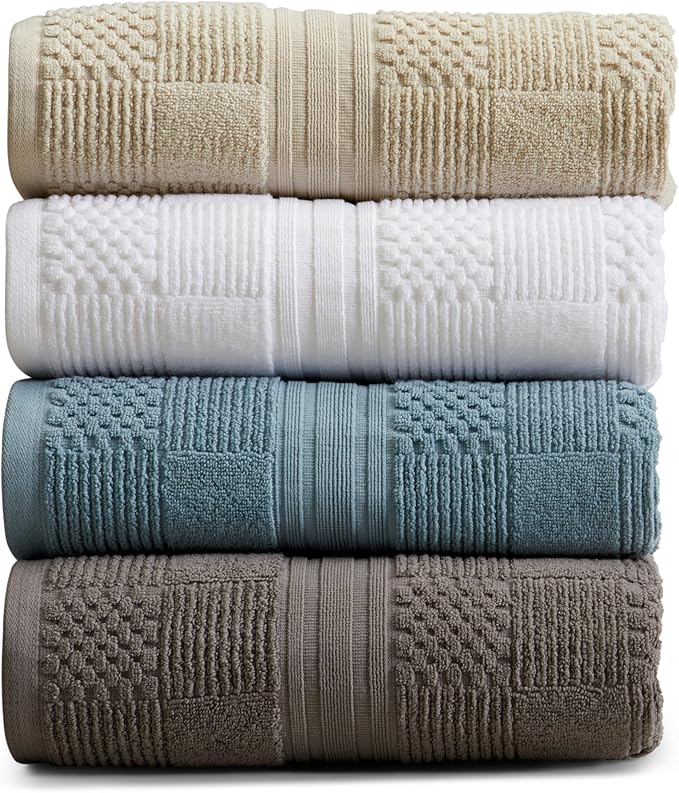 Springtree Home 100% Cotton Bath Towel Set of 4 | White Towels | Geometric Textured Design | Absorbent & Quick-Dry | 4 Bath Towels | Oeko-TEX® Standard 100 Cotton | Myla Collection - White