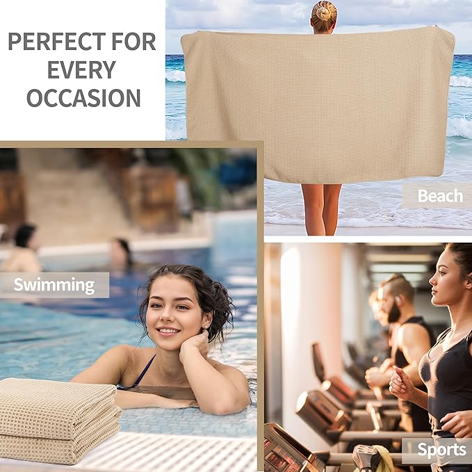 New Microfiber Waffle Bath Towels, 2 Pieces, Oversized, Soft, Absorbent, Fast Drying, Lint Free (Beige)