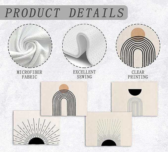 Boho Abstract Kitchen Towels and Dishcloths Set of 4, Boho Hand Towels, Mid Century Modern Abstract Minimalist Sunshine Drying Cloth Hand Dish Tea Towel for Bathroom Kitchen, 16x24 Inches