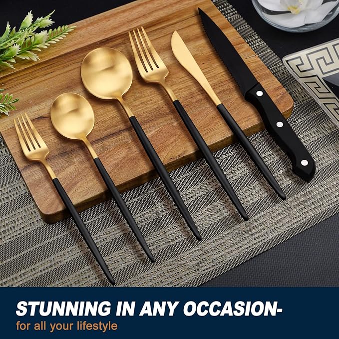 EUIRIO 48-Piece Matte Black&Gold Silverware Set with Steak Knives, Flatware Set for 8, Stainless Steel Forks and Spoons Silverware Sets, Cutlery Utensils Set, Satin Finish & Dishwasher Safe