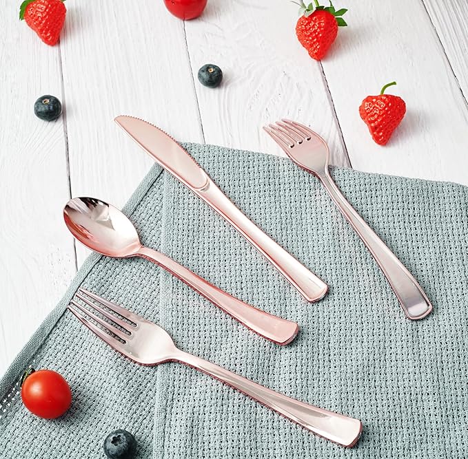 FOCUSLINE 300 Pack Disposable Rose Gold Plastic Forks, Solid and Durable Plastic Cutlery Forks, Heavy Duty Disposable Utensil Silverware for Catering, Parties, Dinners, Weddings
