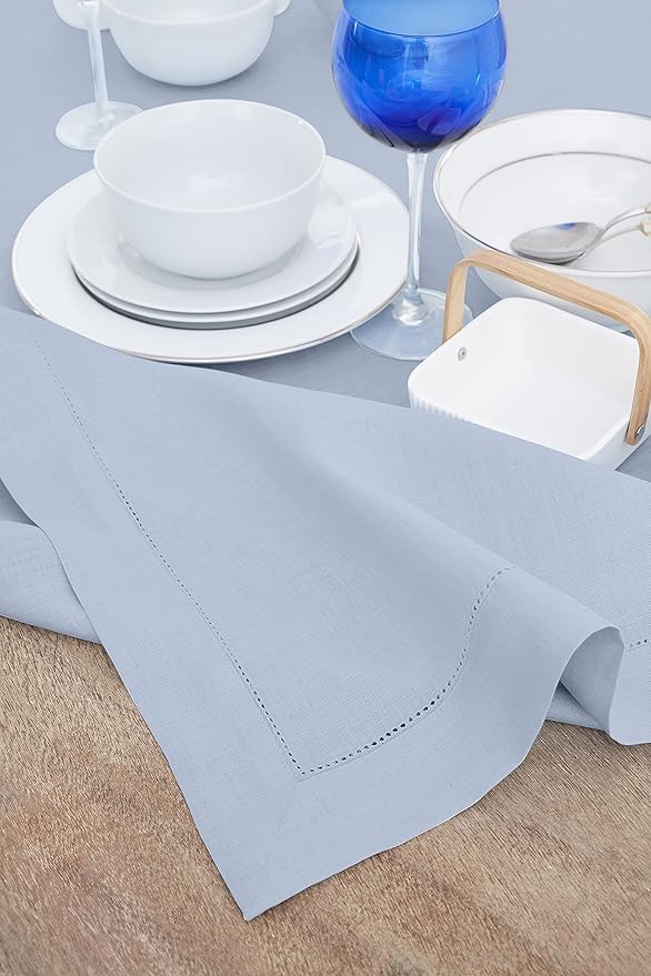 Solino Home Linen Tablecloth 60 x 120 Inch - Classic Hemstitch 100% Pure Linen Sky Blue Table Cloth for Rectangle Tables - Machine Washable Tablecloth for Holiday, New Year