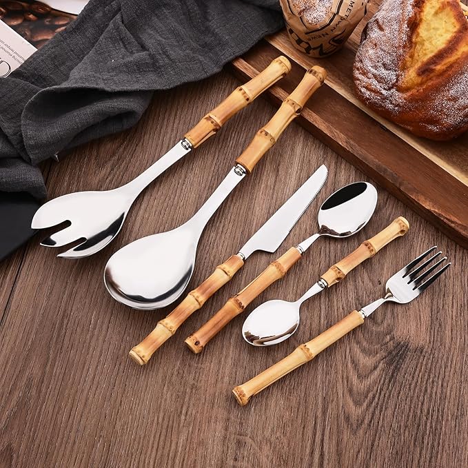 Bamboo Silverware Set, 24-Piece Natural Bamboo Flatware Cutlery with Stainless Steel Silver Head, Includes Knife, Fork, Spoon for Daily Use and Party, Reusable