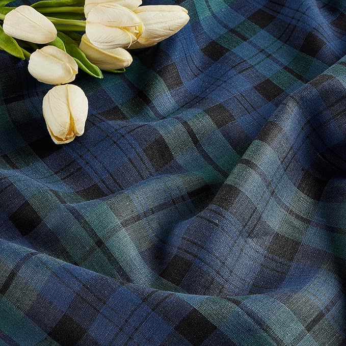 Solino Home Linen Blackwatch Table Runner 120 Inches Long - 100% Pure Linen Blue and Green Plaid Table Runner 14 x 120 Inch for Dining, Holiday, New Year