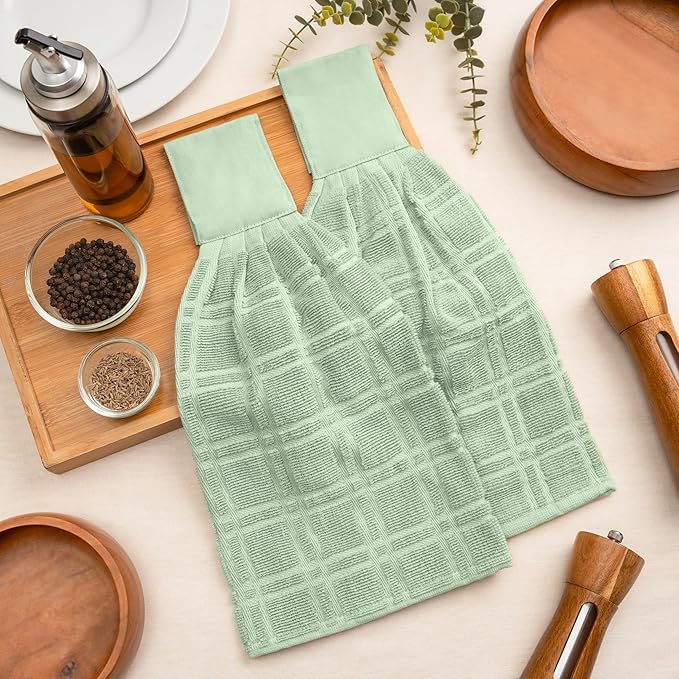 Blue Needles Hanging Kitchen Towels - Sage Green 100% Cotton Solid Kitchen Tie Towel, Set of 2 Hand Dish Cloth with Hanging Loops 9 x 17 Inches, Absorbent, Super Soft, and Fast Drying Home Essential