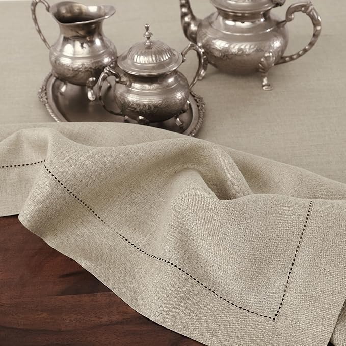 Solino Home Linen Natural Table Runner 120 Inches Long - 100% Pure Linen Hemstitch 14 x 120 Inch Table Runner for Dining, New Year - Classic Hemstitch