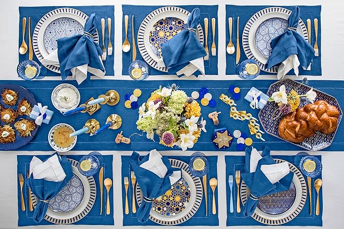 Solino Home Linen Indigo Blue Table Runner 72 Inches Long - 100% Pure Linen Hemstitch Table Runner 14 x 72 Inch for Dresser, Dining, Winter, New Year - Classic Hemstitch