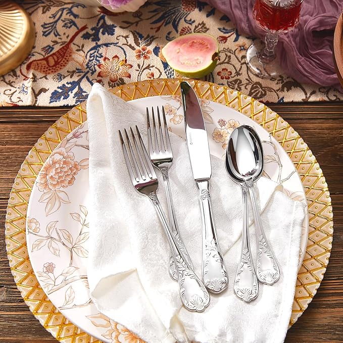 KEAWELL Premium Regalia Set of 4 Forks 7.4-Inch – Ornate 18/10 Stainless Steel Silverware with European Vintage Embossed Handles, Dishwasher Safe for Elegant and Formal Entertaining (4, Salad Forks)