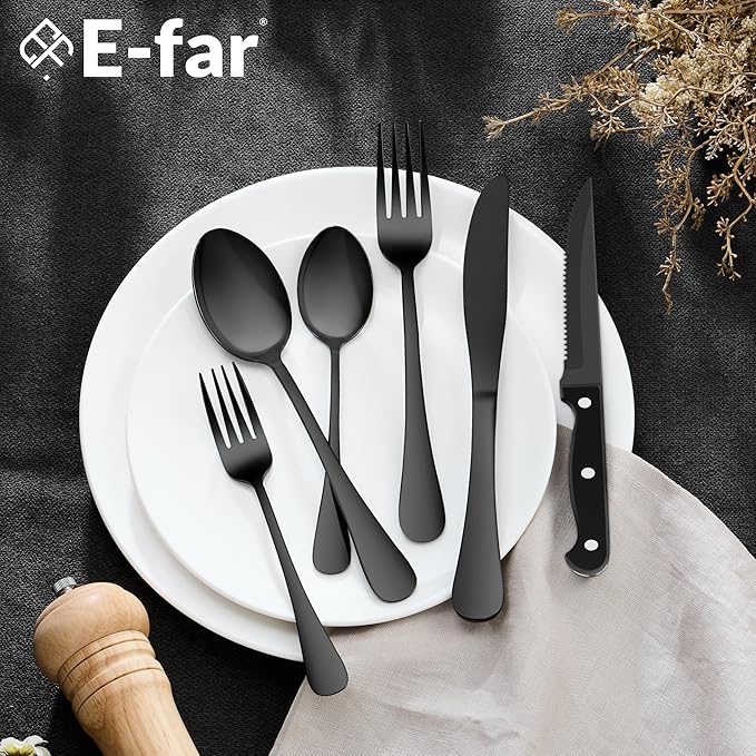 E-far Black Silverware Set with Organizer, 49-Piece Stainless Steel Flatware Cutlery Set for 8 with Tray and Steak Knives, Kitchen Metal Eating Utensils Tableware Sets, Mirror Polished & Rust Proof
