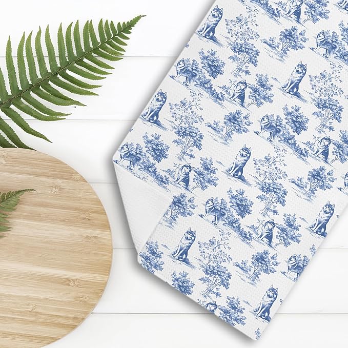 Chinoiserie Husky Dog Kitchen Towels,Blue and White Floral Botanical Husky Grandmillennial Weiner Dog Decorative Hand Towels for Kitchen Bathroom,16x24 Inch