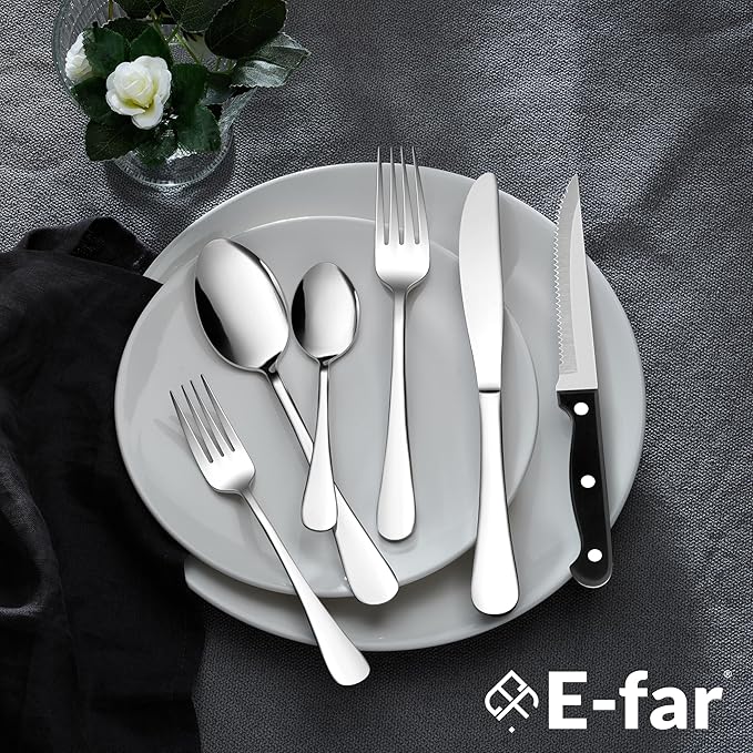 E-far Silverware Set with Organizer, 49-Piece Stainless Steel Flatware Cutlery Set for 8 with Steak Knives, Kitchen Metal Eating Utensils Sets Include Forks Spoons Knife, Mirror Polished & Rust Proof