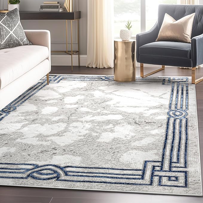 Well Woven Lezlee Abstract Modern 3'11" x 5'3" Area Rug - Blue Marble Border - for Entryway, Office, Living Room