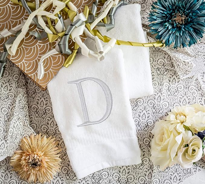 Monogrammed Hand Towels for Bathroom - Luxury Hotel Quality Personalized Initial Decorative Embroidered Bath Towel for Powder Room, Spa - GOTS Organic Certified - Pack of 2, Letter D