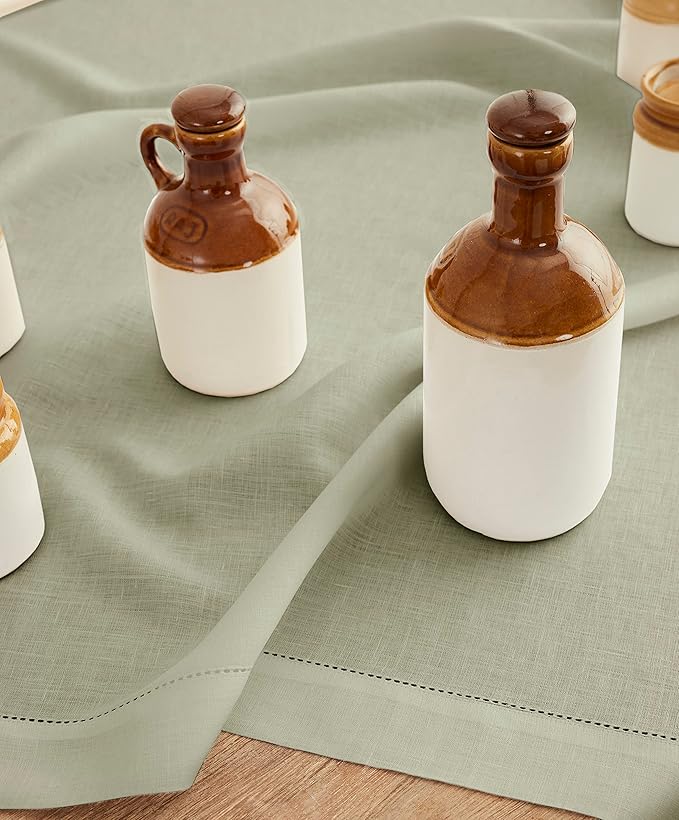 Solino Home Sage Green Linen Tablecloth 52 x 52 Inch - 100% Pure Linen Square Table Throw - Classic Hemstitch, Machine Washable Table Cloth for Winter, New Year