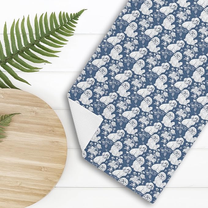 Shih Tzu Dog Gifts for Blue Chinoiserie Floral Decor Kitchen Towels,Blue Shih Tzu Dog Grandmillennial Decorative Dish Tea Towels for Kitchen Bathroom,16x24 Inch