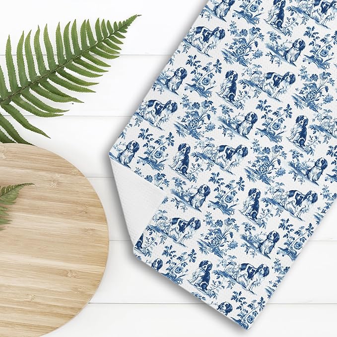 Chinoiserie Cavalier King Charles Spaniel Kitchen Towels, Cavalier Spaniel Gifts Decorative Dish Tea Towels, Blue and White Grandmillennial Dog Hand Towels for Kitchen Bathroom, 16x24 Inch