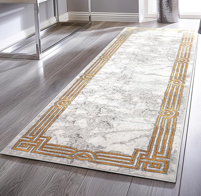 Well Woven Fairmont Collection Huntington Grey Gold & Ivory Marble Border Elegant & Soft 2x7 Runner Rug Perfect for Hallway & Bedroom Durable Stain Resistant & Easy to Clean