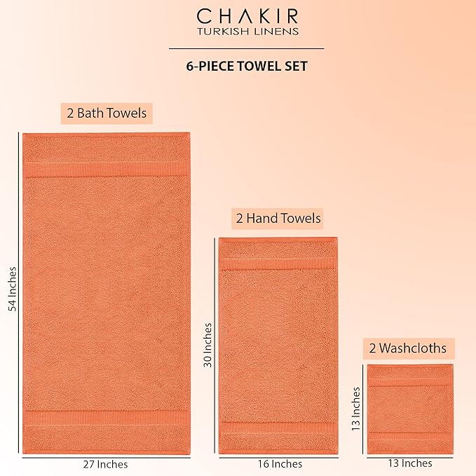Chakir Turkish Linens 100% Cotton Premium Turkish Towels for Bathroom | 2 Bath Towels - 2 Hand Towels, 2 Washcloths (6-Piece Towel Set, Coral)