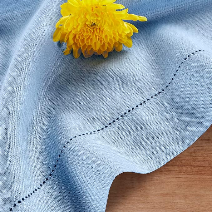 Solino Home Linen Cornflower Blue Table Runner 90 Inches Long - 100% Pure Linen Hemstitch 14 x 90 Inch Table Runner for Dining, Holiday, New Year - Classic Hemstitch