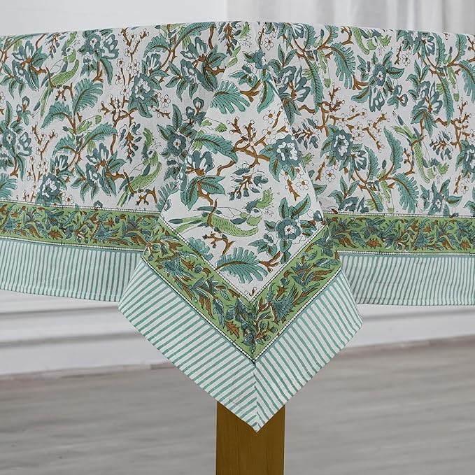 Ridhi Sage and Russian Green Hand Block Print Cotton Rectangle Tablecloth 160" x 72" inches Reusable Table Cover Decorative Everyday Use for Dining, Farmhouse, Home, Party, Festive, Wedding, Fall