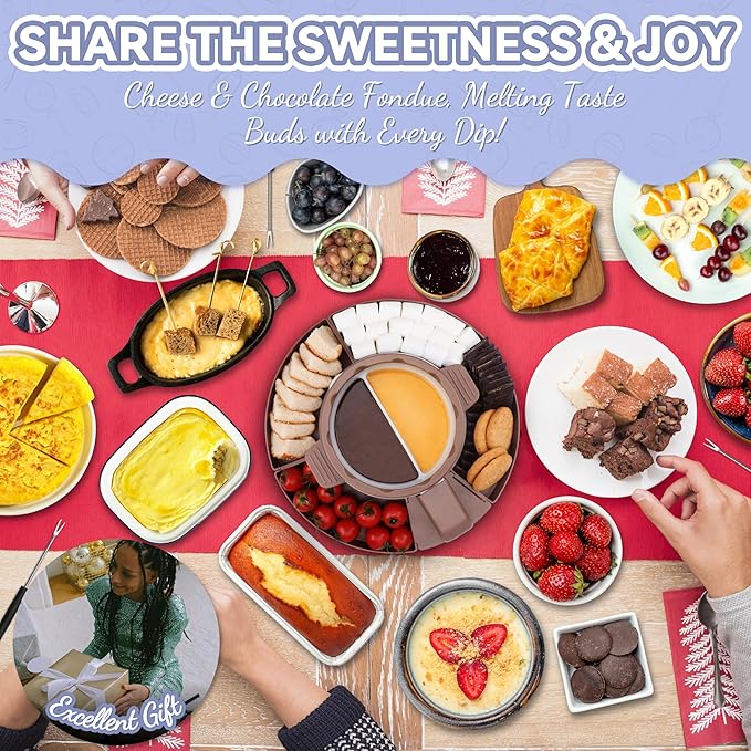 Electric Fondue Pot Set with 2 Pots, Melting Chocolate Warmer for Dipping, Candy & Chocolate Melting Pot, Fondue Pot Electric Set, Fondue Forks Included, 2.5 Cups, Brown