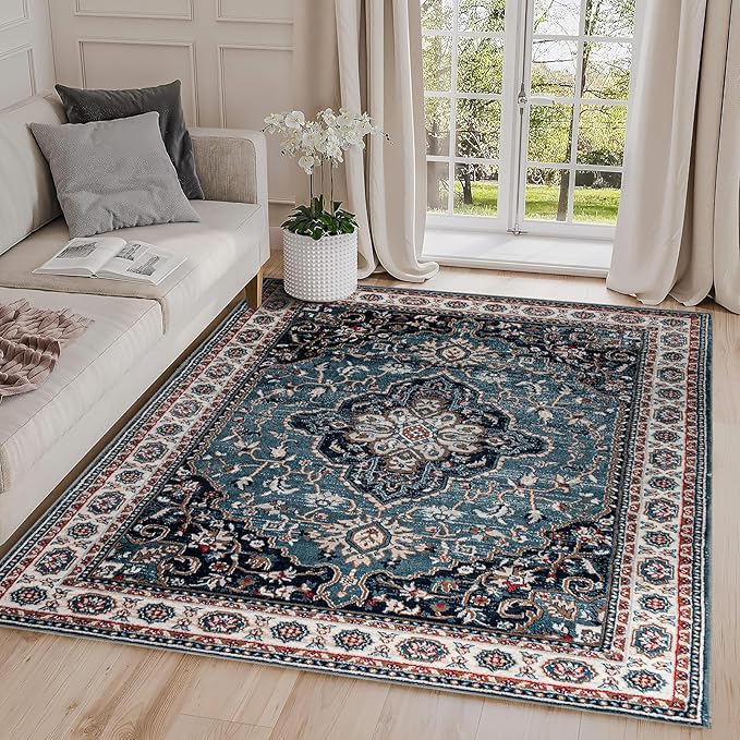 Easy-Going Area Rug 5x7 Medallion Distressed Washable Rugs for Living Room Non-Slip Bedroom Rug Low Pile Lightweight Vintage Retro Throw Rug for Dining Room Kitchen Home Office Carpet, Teal Brick