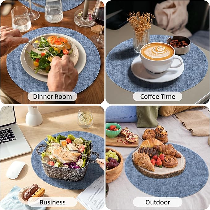 15 inch Faux Leather Round Placemats Set of 4 Non-Slip Washable Wipeable Table Mats, Heat Resistant Waterproof Oilproof Place Mats for Kitchen, Dining, Party, Indoor, Outdoor Blue