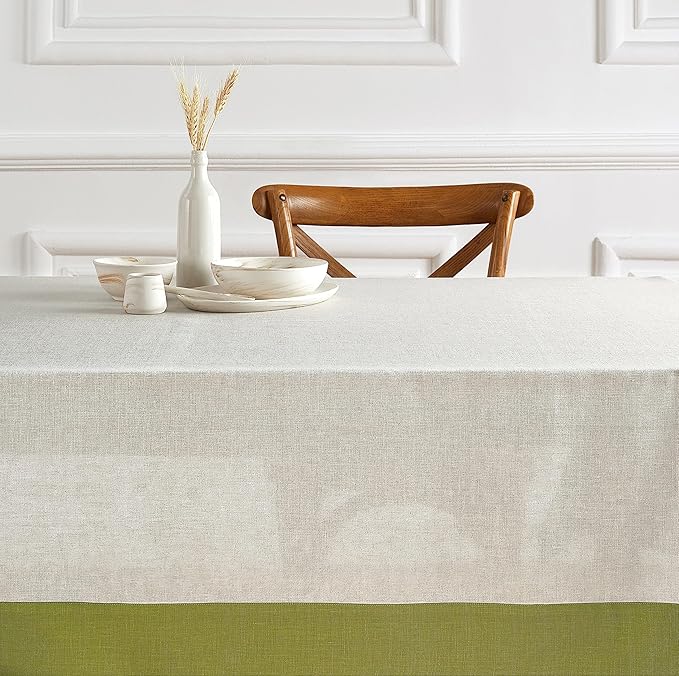 Solino Home Linen Tablecloth 60 x 90 Inch - 100% Pure Linen Avocado and Natural Tablecloth for Rectangle Tables - Contempo, Machine Washable Table Cloth for Winter