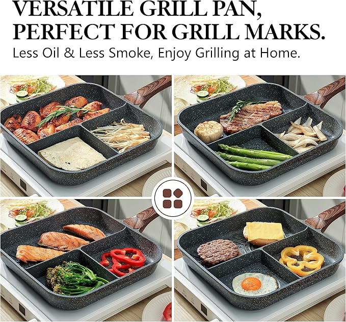SENSARTE Nonstick Divided Grill Pan for Stove Tops, 3-Section Versatile Breakfast Grilling Pan, Durable Square Grill Skillet, Steak Griddle Pan, PFOA, PFOS, APEO Free, Induction Compatible, 9.5 Inch