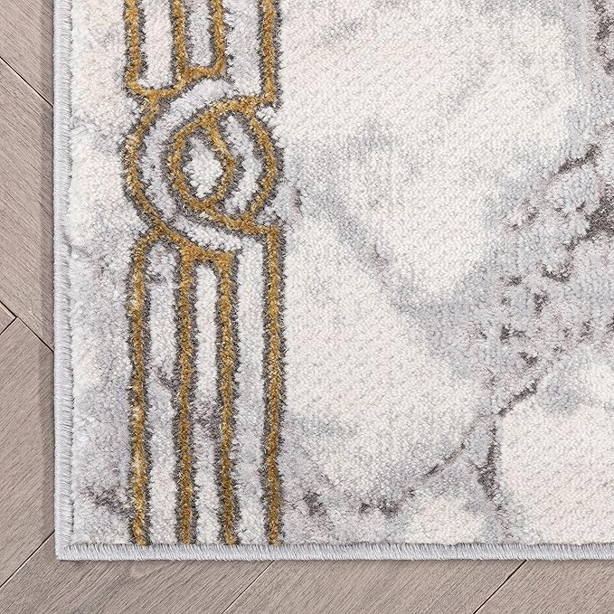 Well Woven Custom Size Hallway Stair Runner - Made-to-Measure - Fairmont Collection Lezlee Ivory Gold Abstract Marble Border 2x10 (2'2" x 10' Runner)