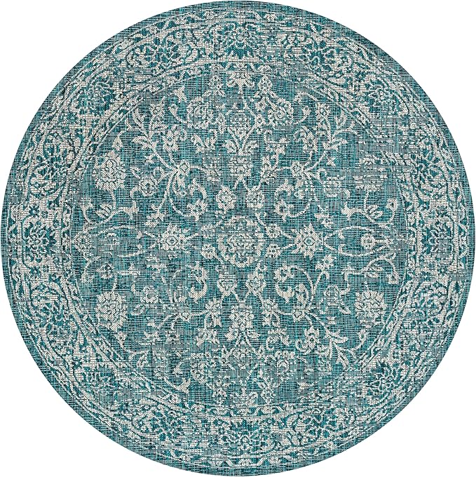 JONATHAN Y Weave Floral Indoor Outdoor Round Area Rug 3 Ft Teal/Gray, Tela Bohemian Textured for Backyard, Patio, Porch, Easy-Cleaning, High Traffic, Pet-Friendly, Non-Shedding (SMB100C-3R)