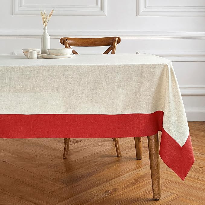 Solino Home Linen Tablecloth 60 x 120 Inch - 100% Pure Linen Red and Natural Rectangular Tablecloth - Machine Washable Table Cloth for Valentines, New Year - Contempo